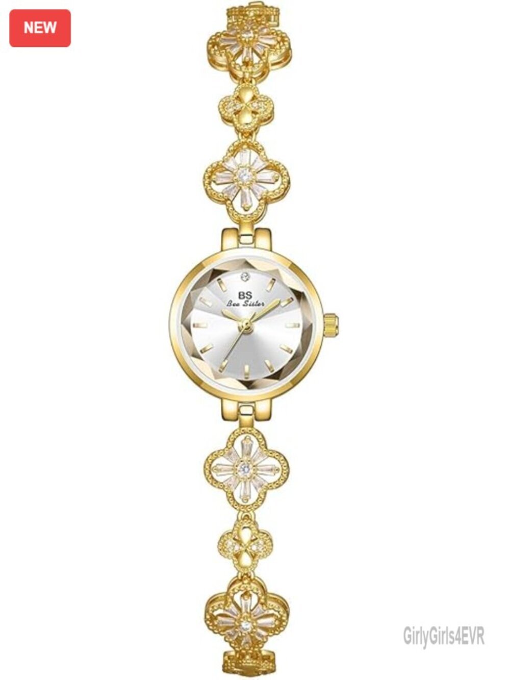 Vintage Gold Bracelet Watch Four Leaf Clover Hollow Chain Dainty Quartz